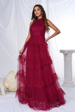 Bourgogne Halter Tiered Tulle A Line Long Prom Dress
