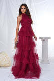 Bourgogne Halter Tiered Tulle A Line Long Prom Dress