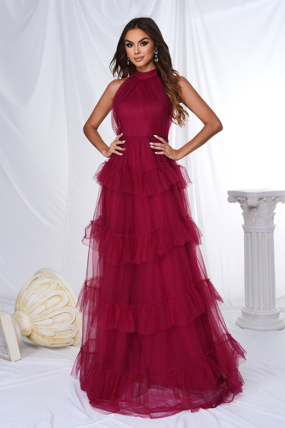 Bourgogne Halter Tiered Tulle A Line Long Prom Dress