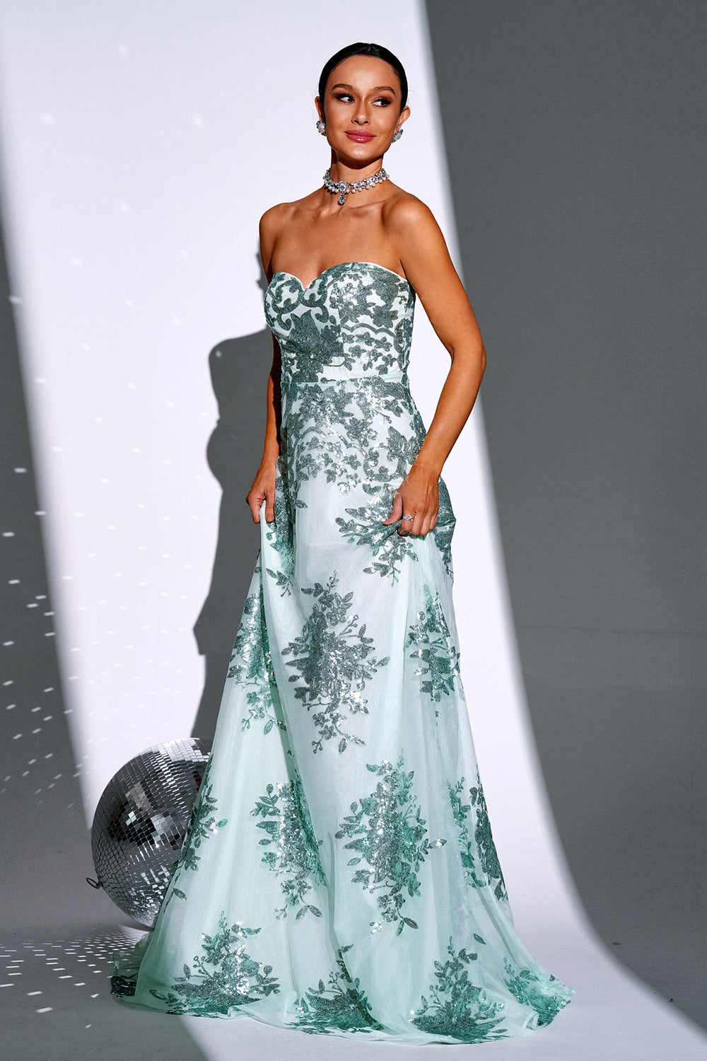 Sparkly Green A Line Sweetheart Long Prom Kjole