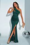 Havfrue grøn One Shoulder Long Prom Kjole med slids