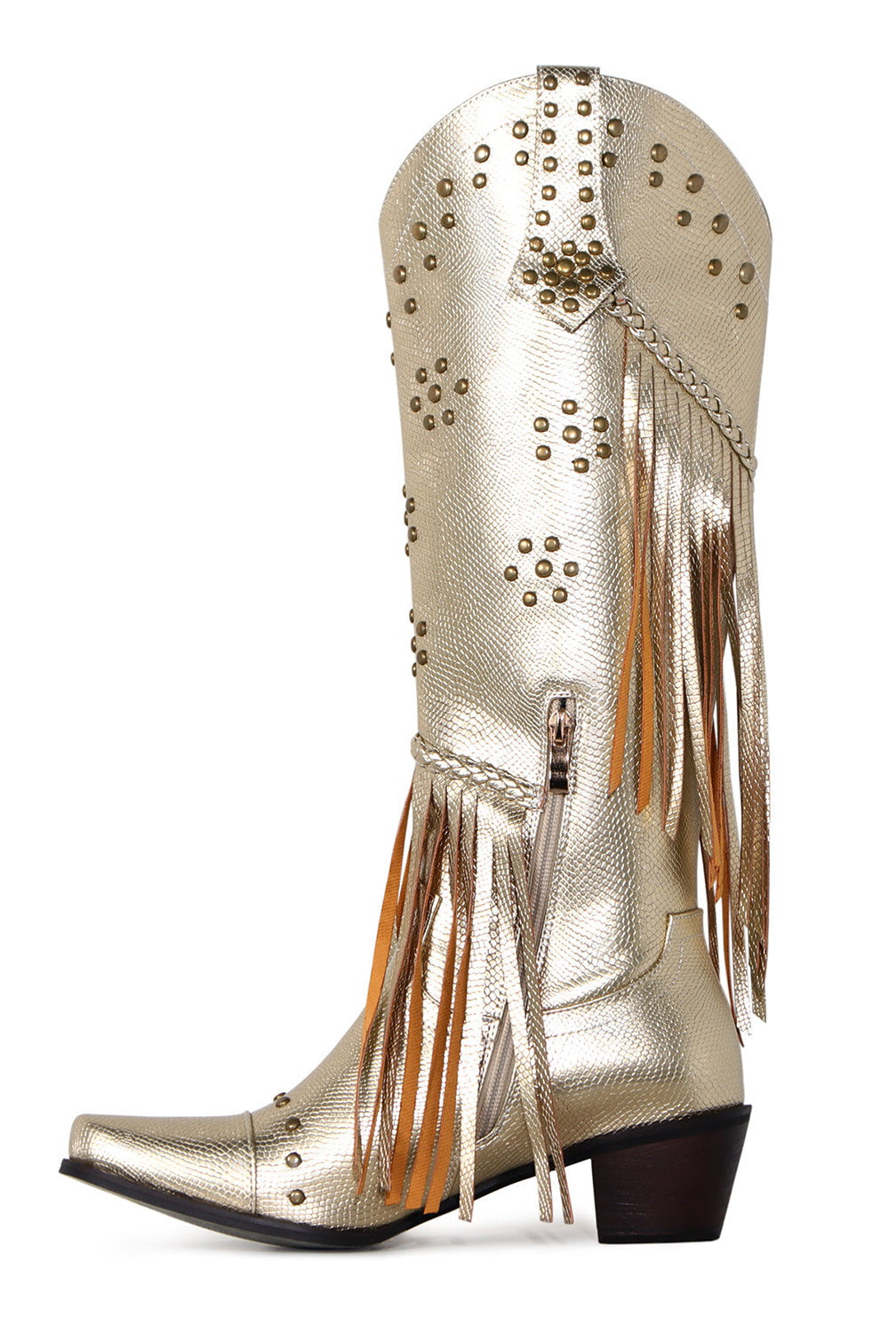 Kvinders Sorte Beaded frynser Spids Tå Chunky Hell Støvler