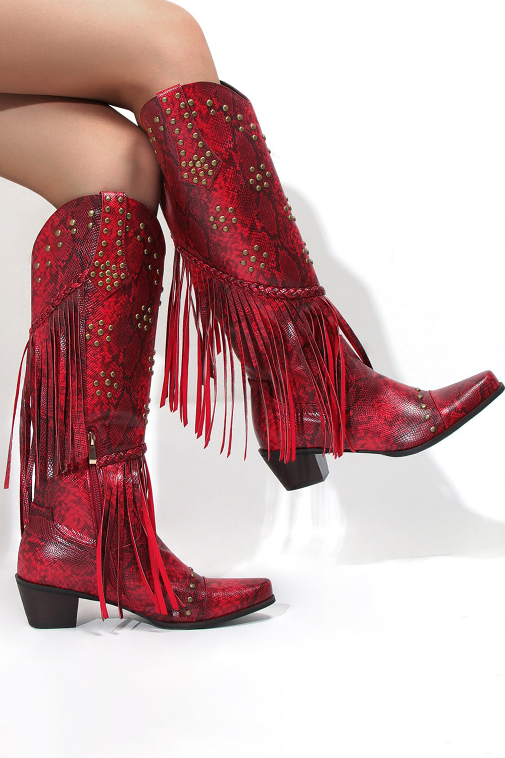 Kvinders Sorte Beaded frynser Spids Tå Chunky Hell Støvler