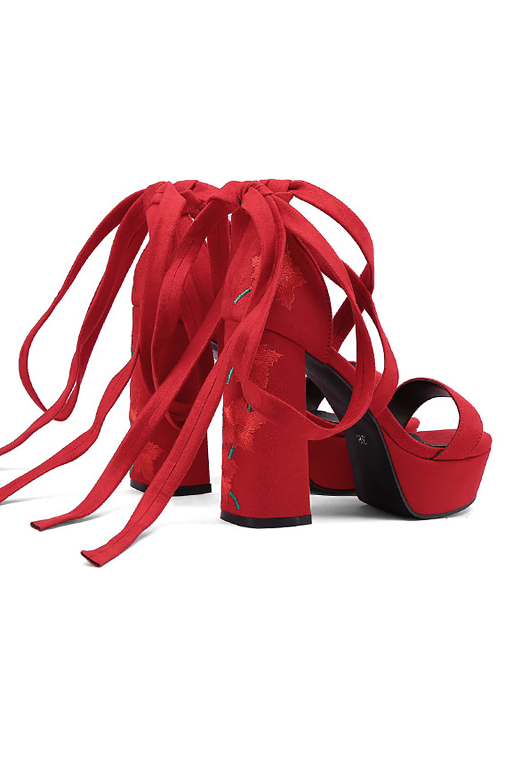 Kvinders sort broderi stropper Chunky hæl åben tå sandaler sko