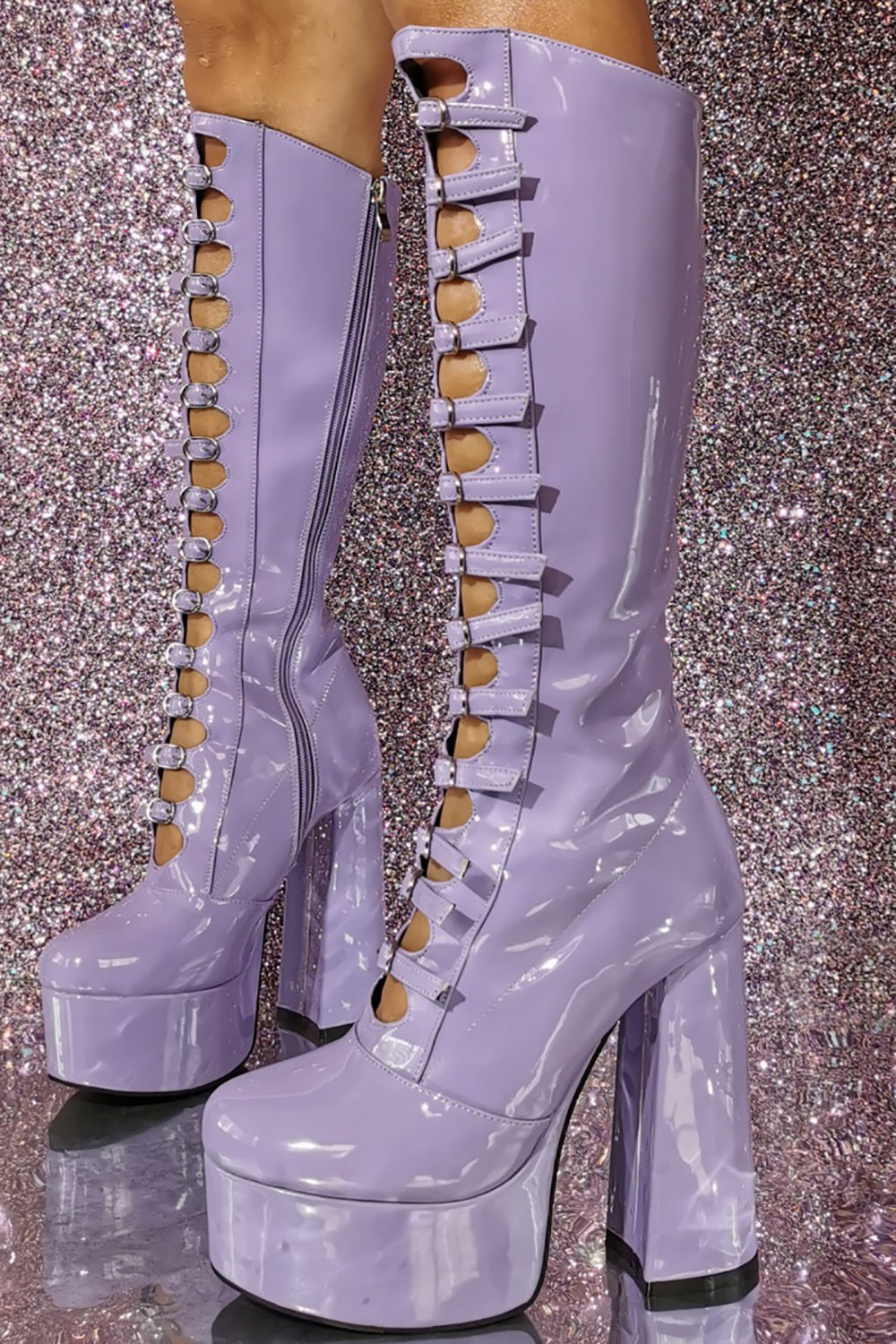 Kvinders sort Front hul spænde Chunky hæl knæ høje støvler