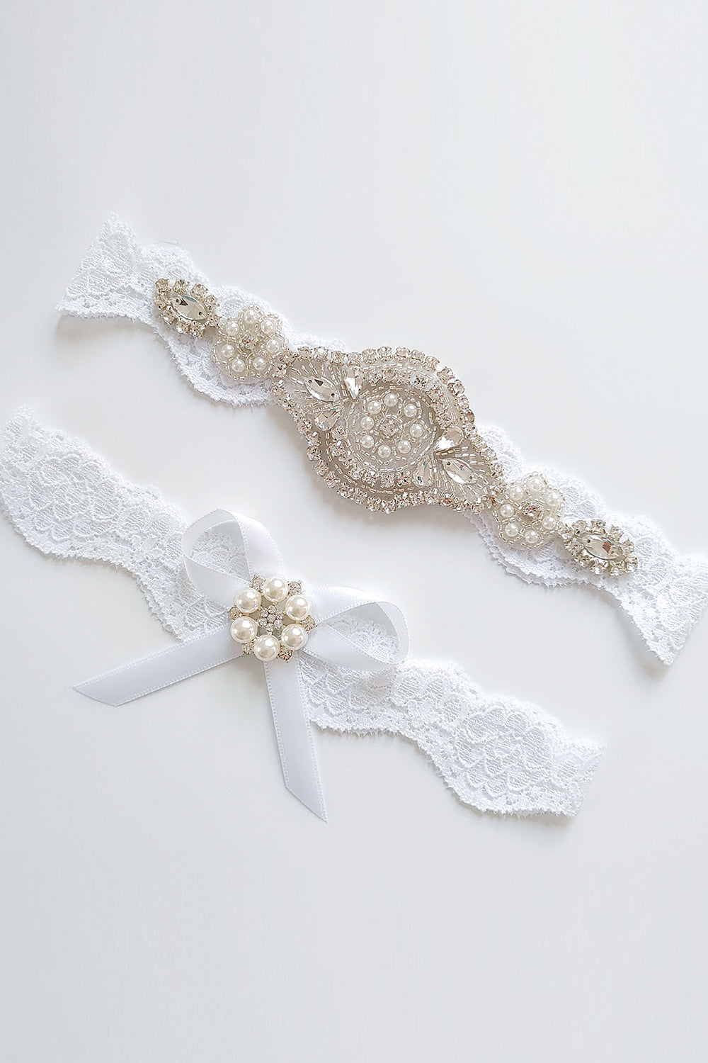 Perle Rhinestone Blonde Brude Strømpebånd Sæt
