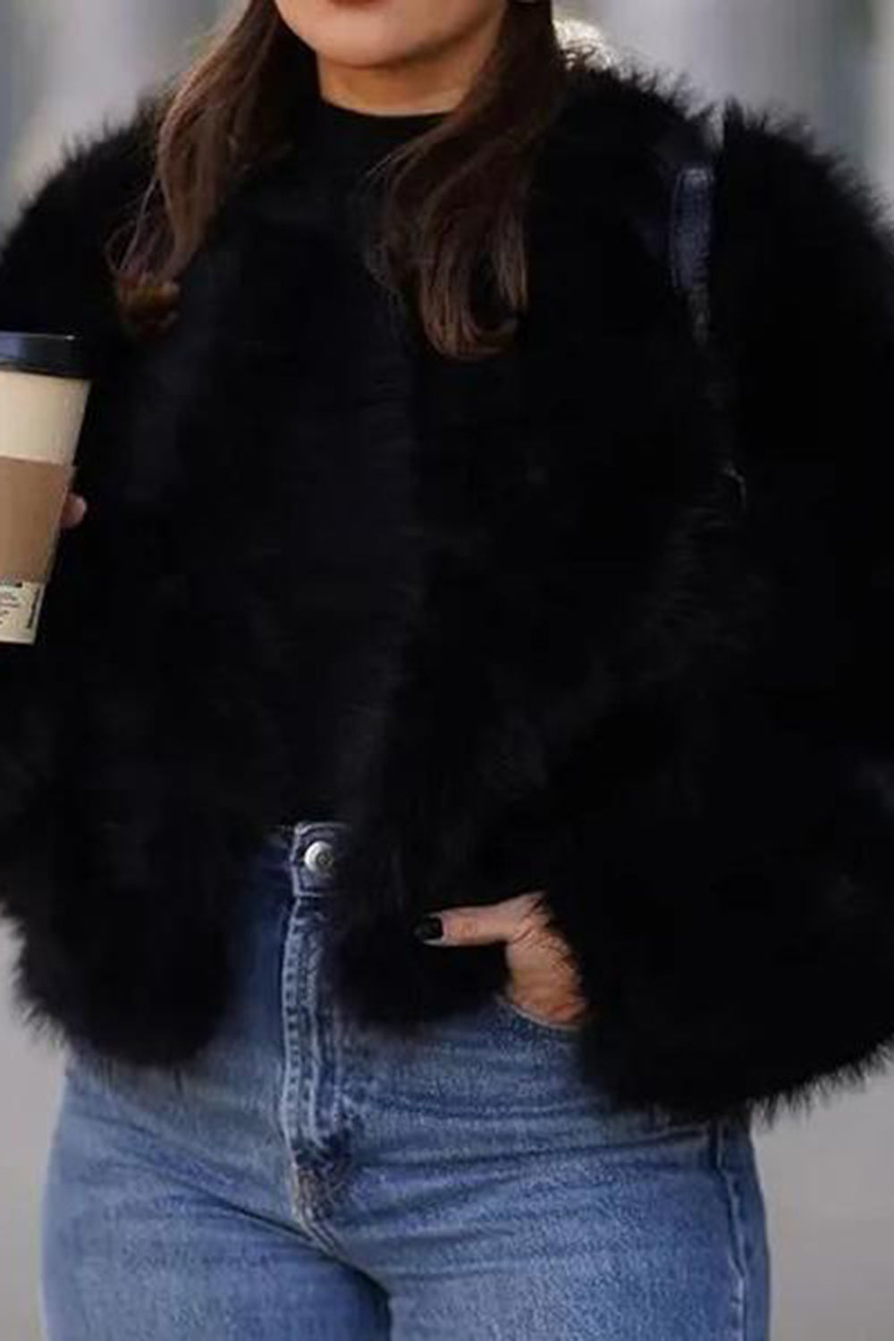 Sort V-hals Midi Fitted Faux Fur Coat