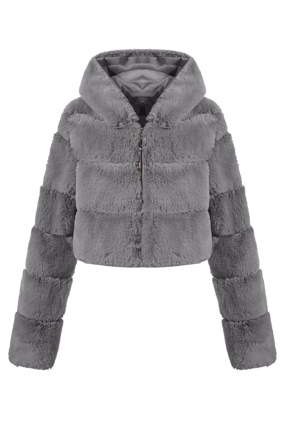 Sort fluffy imiteret pels lynlås kort frakke