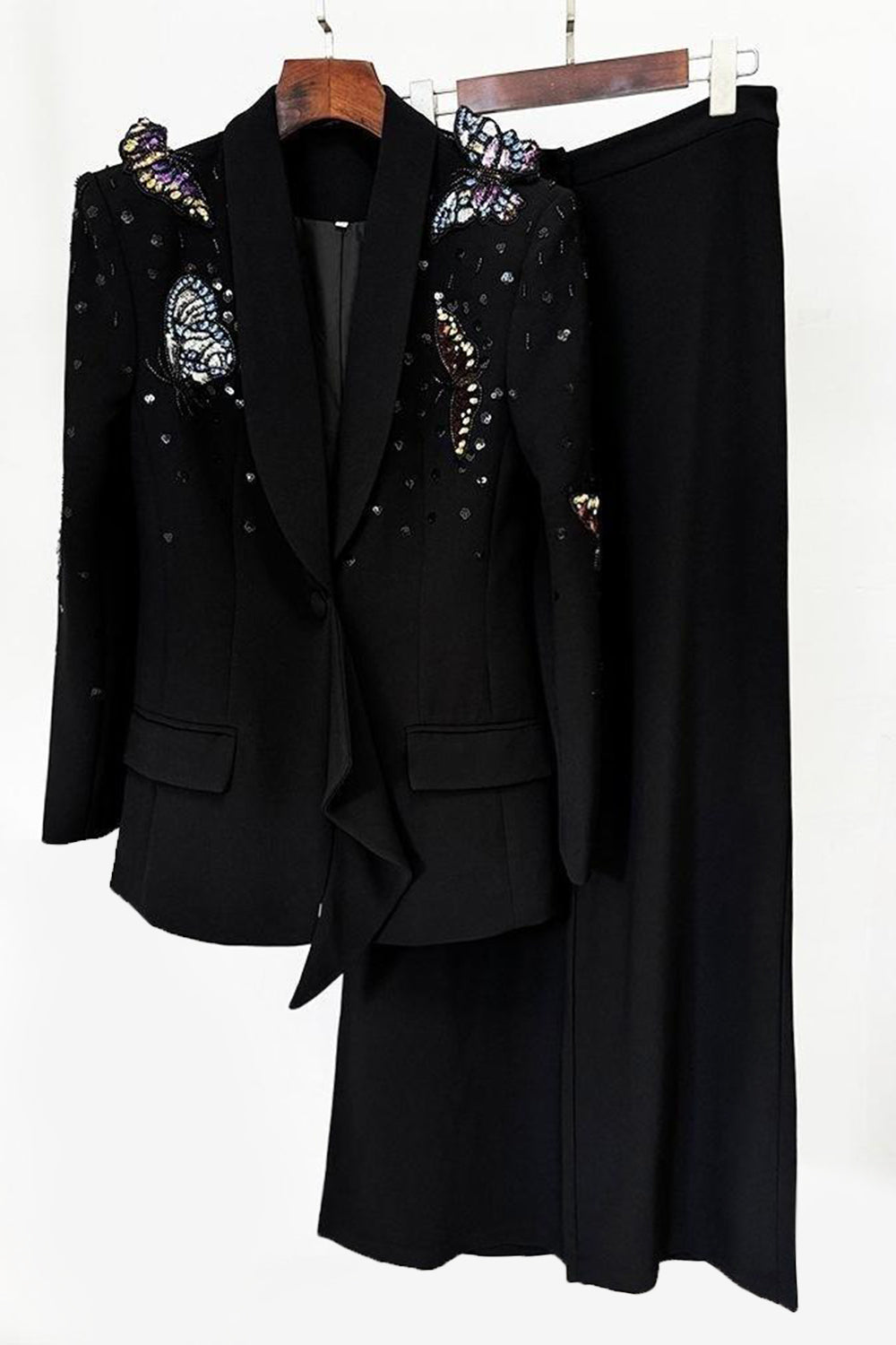 Sort sjal revers 2 stykker kvinder jakkesæt med sommerfugle