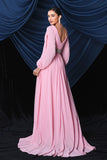 Pink Chiffon Langærmet Gallakjole Med Slids