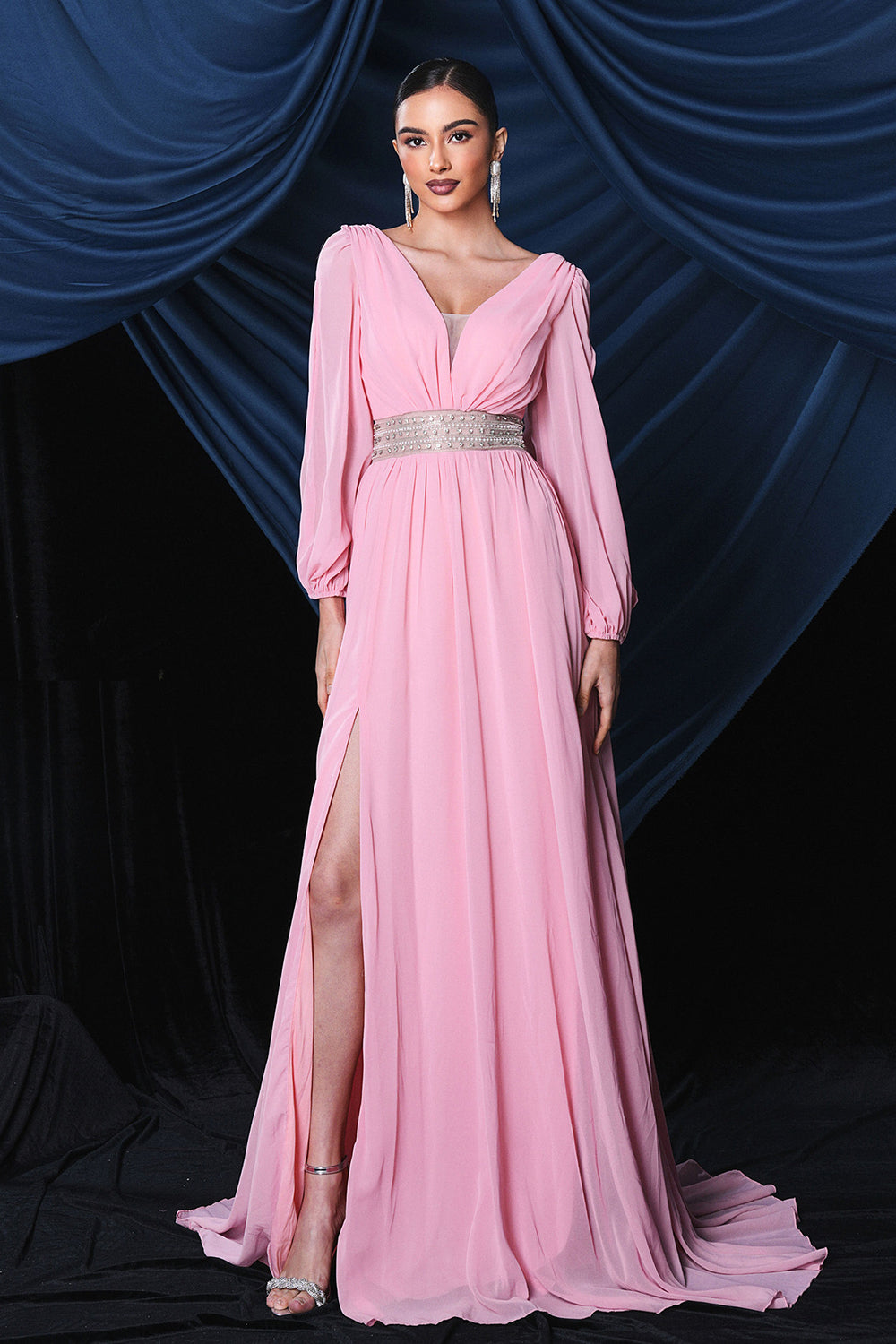 Pink Chiffon Langærmet Gallakjole Med Slids