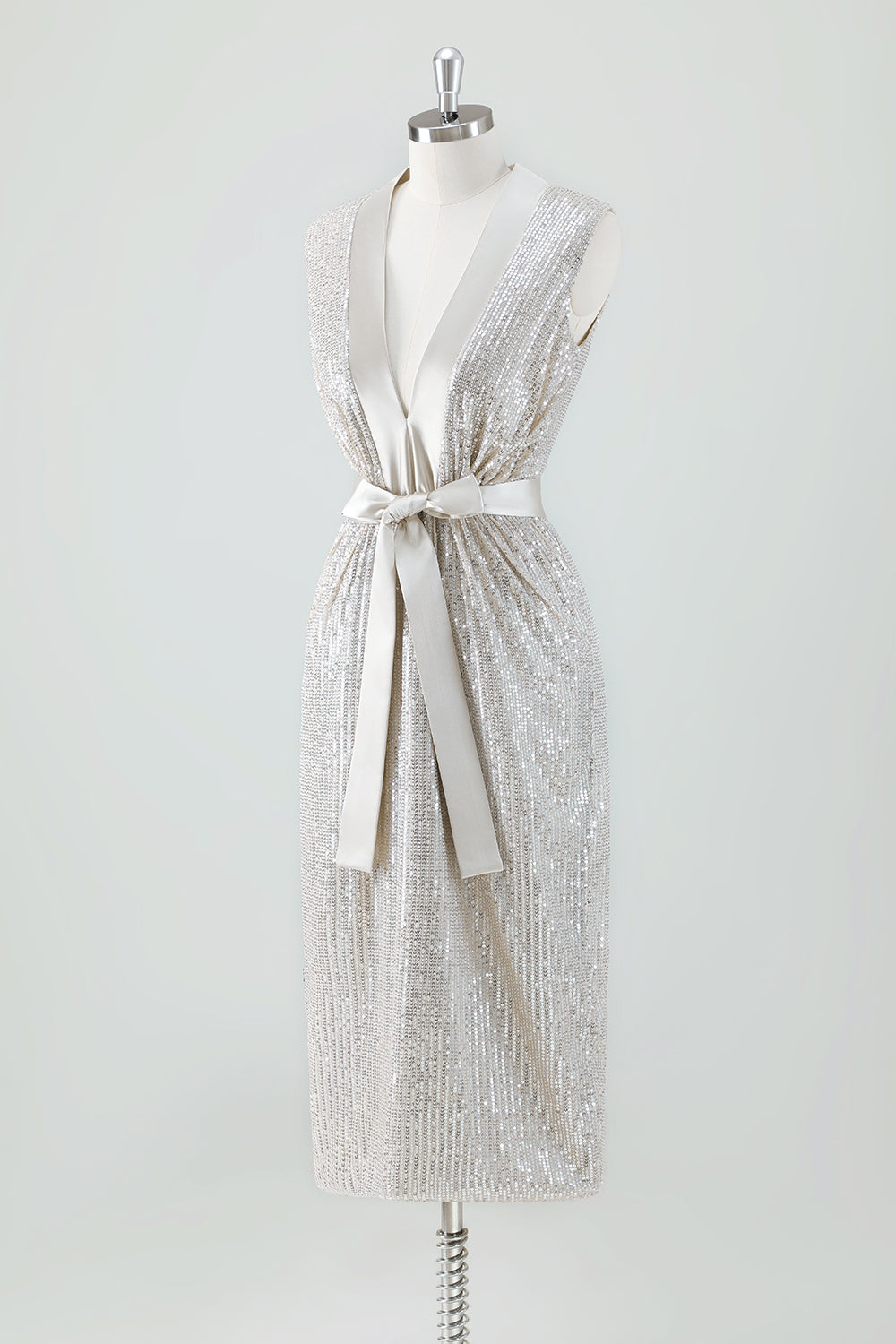 Champagne Glitrende V-hals Te-længde Ferie Fest Kjole med Sløjfe