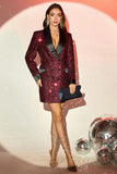 Glitter Burgundy Bodycon Maxi Blazer til kvinder med pailletter