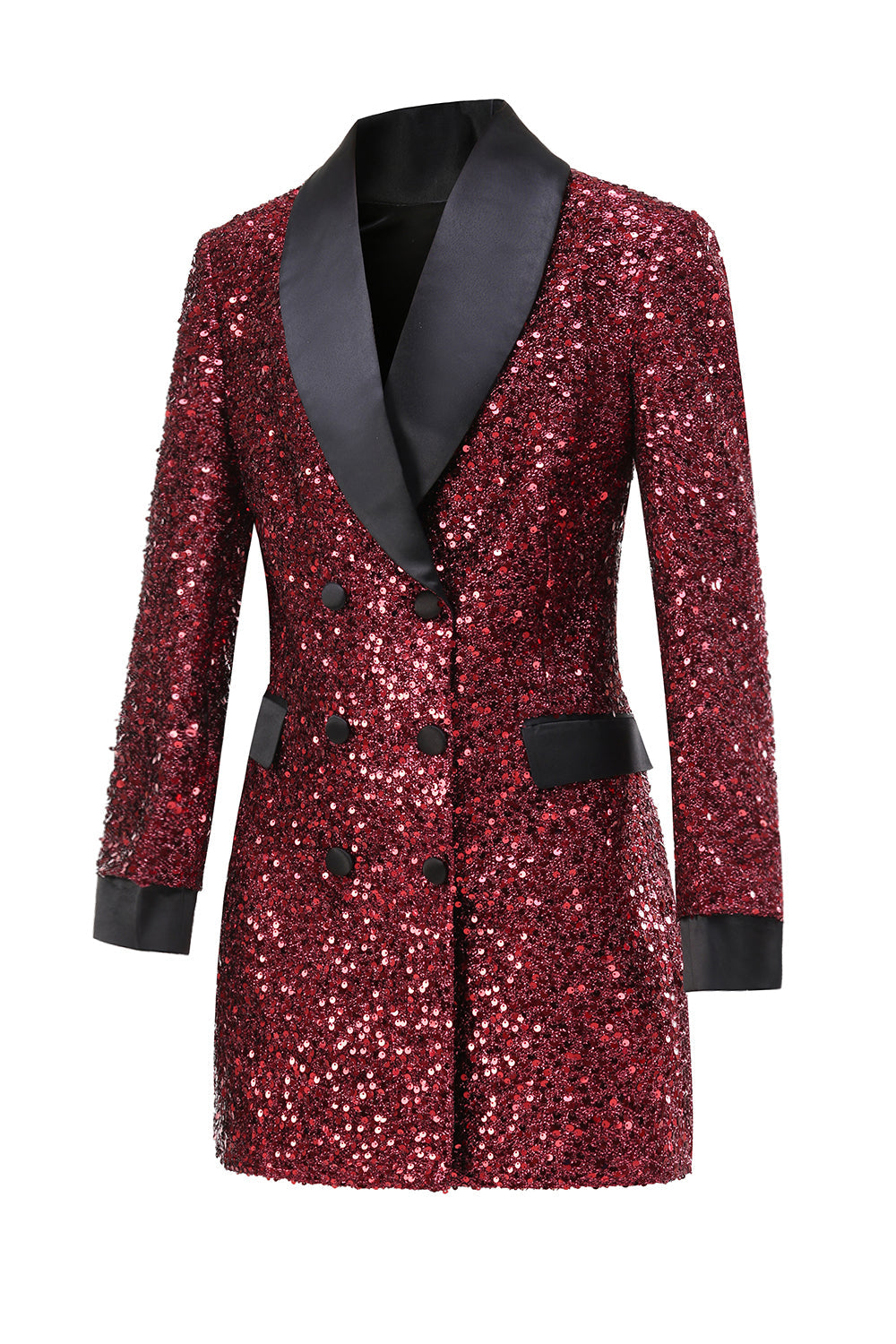 Glitrende Burgundy Bodycon Pailletter Maxi Blazer til kvinder