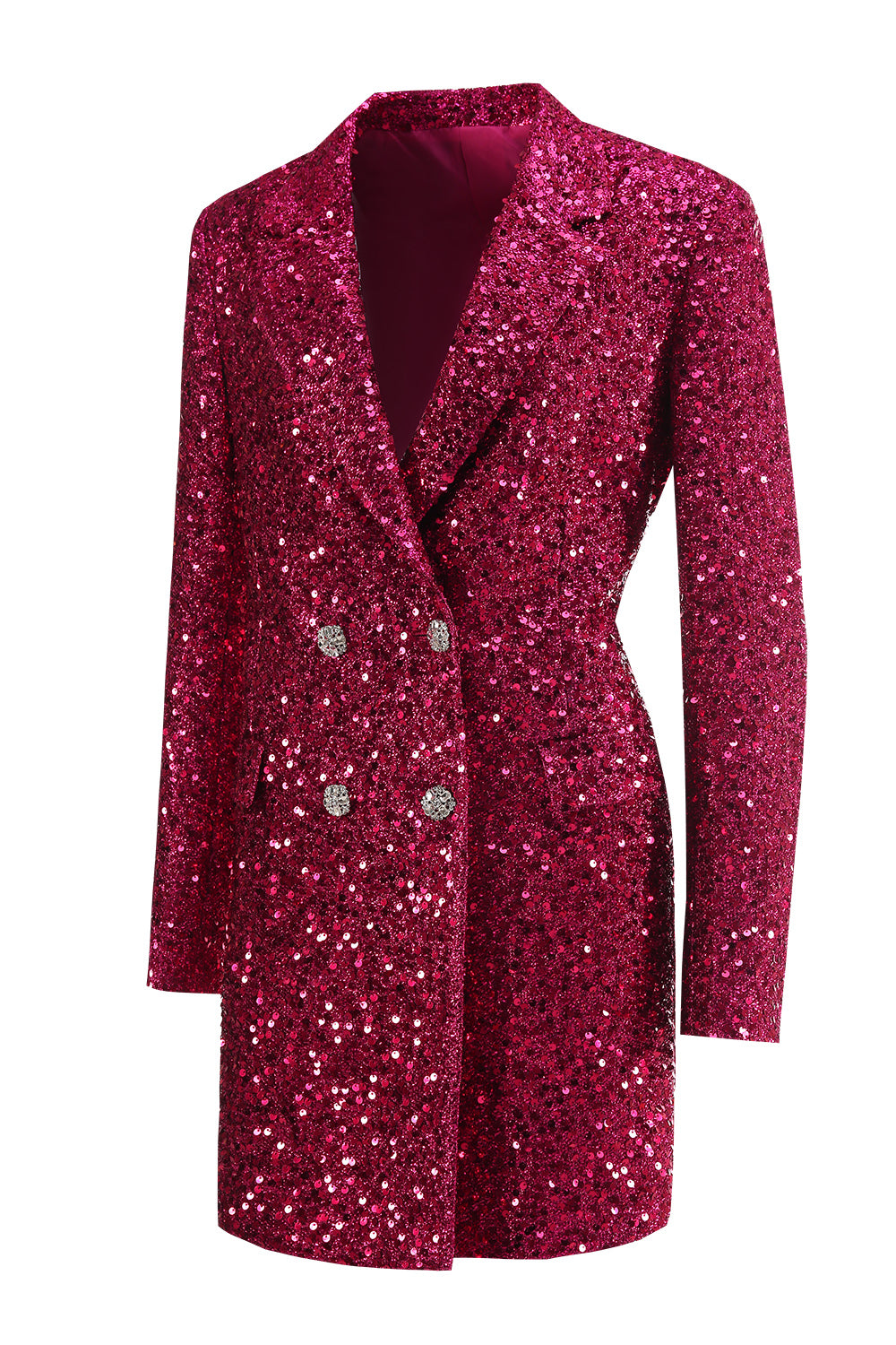 Glitrende Fuchsia Notched Lang Blazer til kvinder