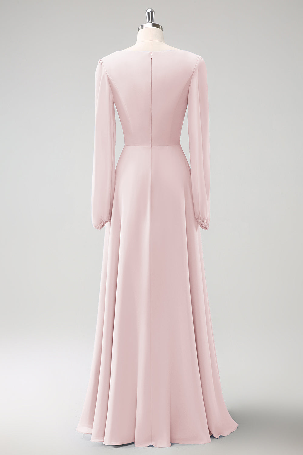 En linje grå blå V-Nack Chiffon brudepigekjole med lange ærmer