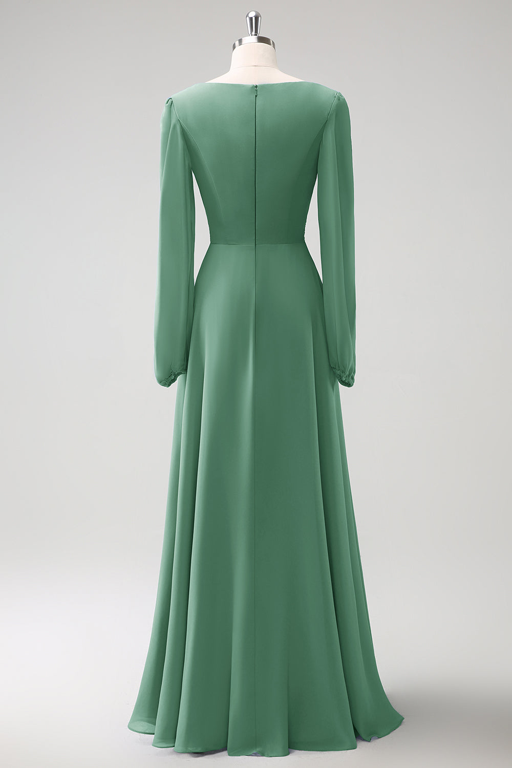 En linje grå blå V-Nack Chiffon brudepigekjole med lange ærmer