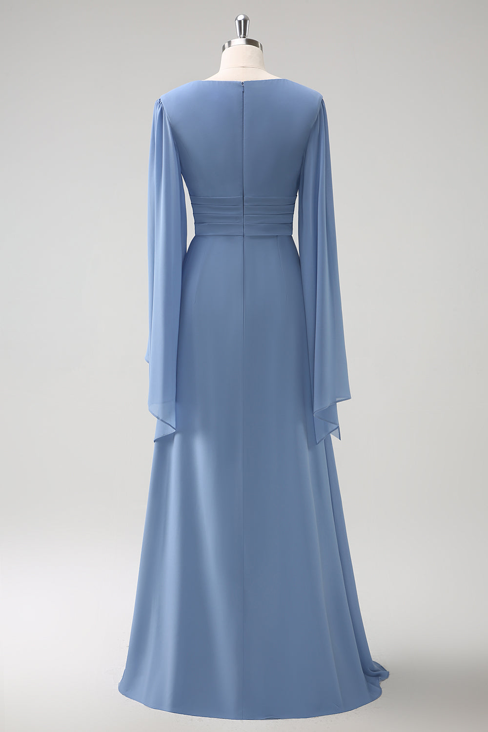 Grå Blå A Line Langærmet Chiffon Brudepige Kjole med Slids