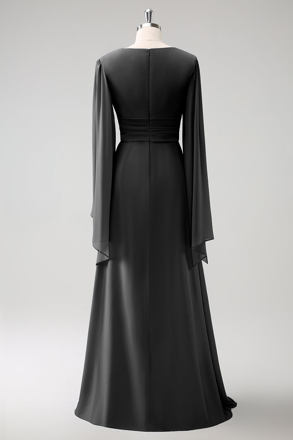 Grå Blå A Line Langærmet Chiffon Brudepige Kjole med Slids