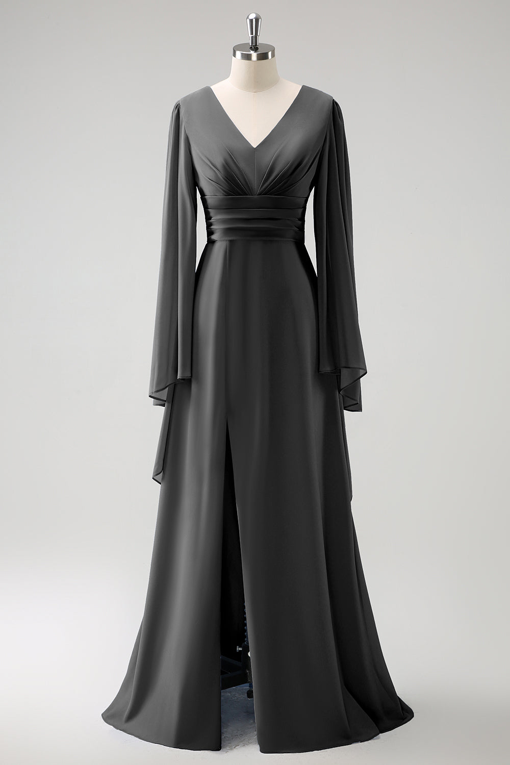 Grå Blå A Line Langærmet Chiffon Brudepige Kjole med Slids