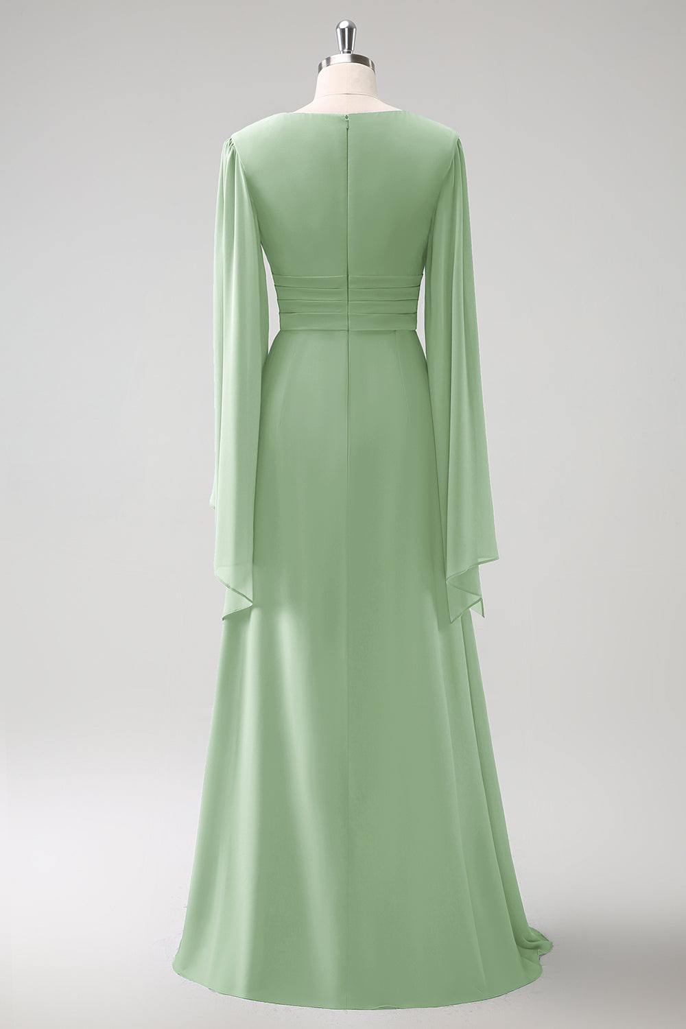 Grå Blå A Line Langærmet Chiffon Brudepige Kjole med Slids