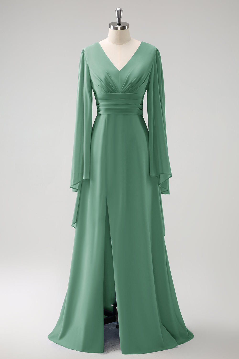 Grå Blå A Line Langærmet Chiffon Brudepige Kjole med Slids