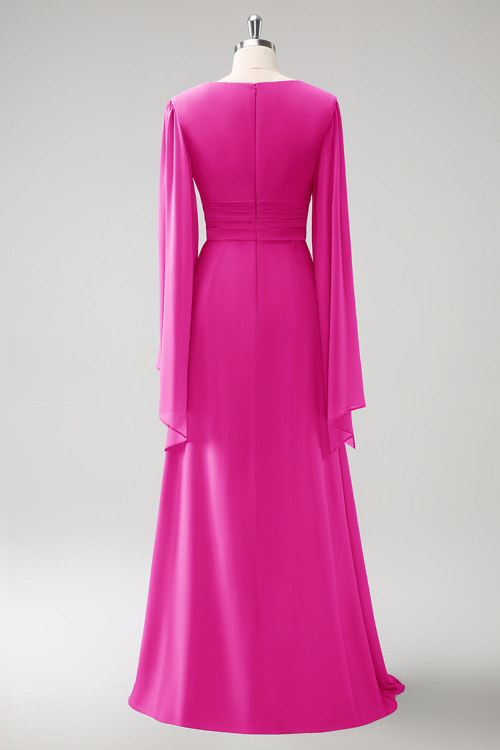 Grå Blå A Line Langærmet Chiffon Brudepige Kjole med Slids