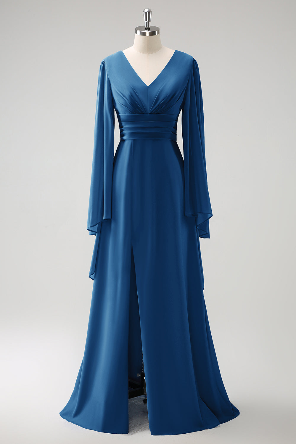 Grå Blå A Line Langærmet Chiffon Brudepige Kjole med Slids