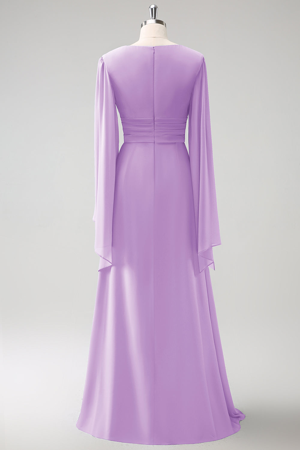 Grå Blå A Line Langærmet Chiffon Brudepige Kjole med Slids