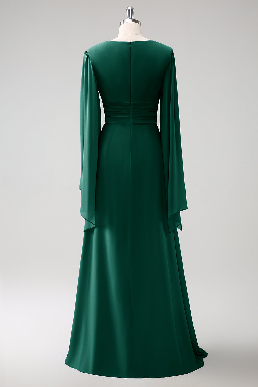 Grå Blå A Line Langærmet Chiffon Brudepige Kjole med Slids