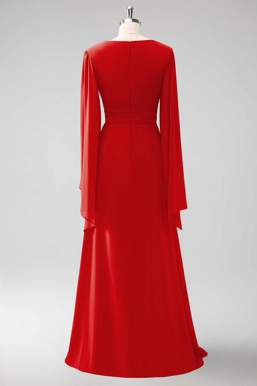 Grå Blå A Line Langærmet Chiffon Brudepige Kjole med Slids