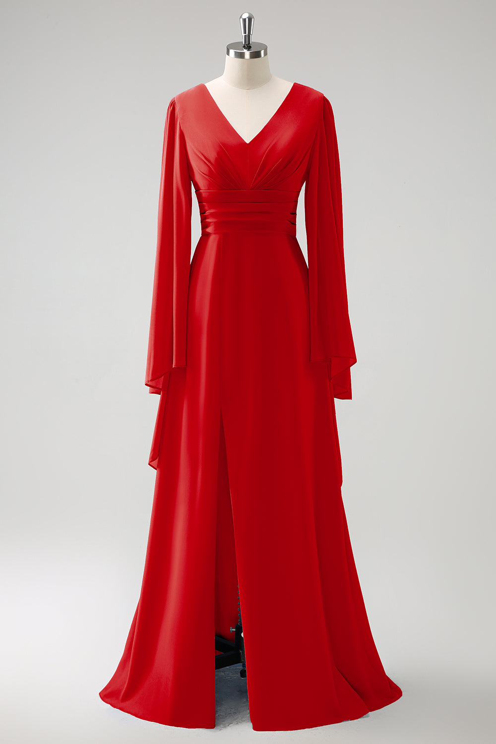 Grå Blå A Line Langærmet Chiffon Brudepige Kjole med Slids