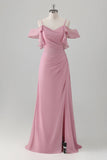 Pink A-line kold skulder chiffon brudepigekjole med slids