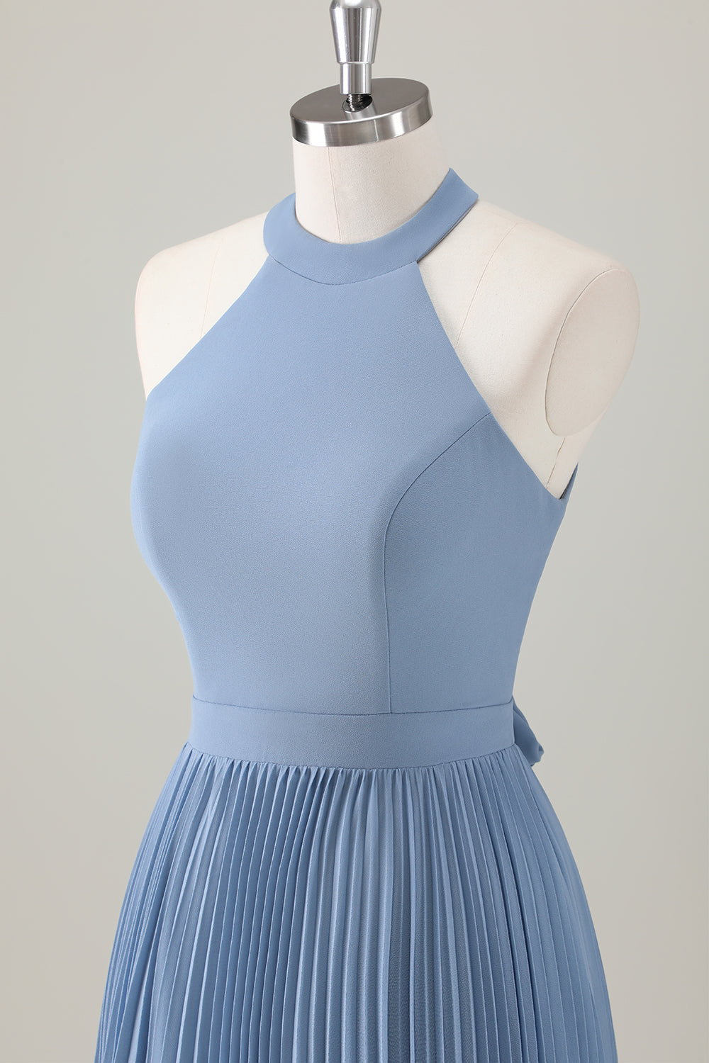 Grå Blå A-linje Halter Lang Brudepigekjole med Slids