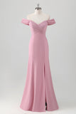 Pink havfrue Off the Shoulder Lang brudepigekjole med slids