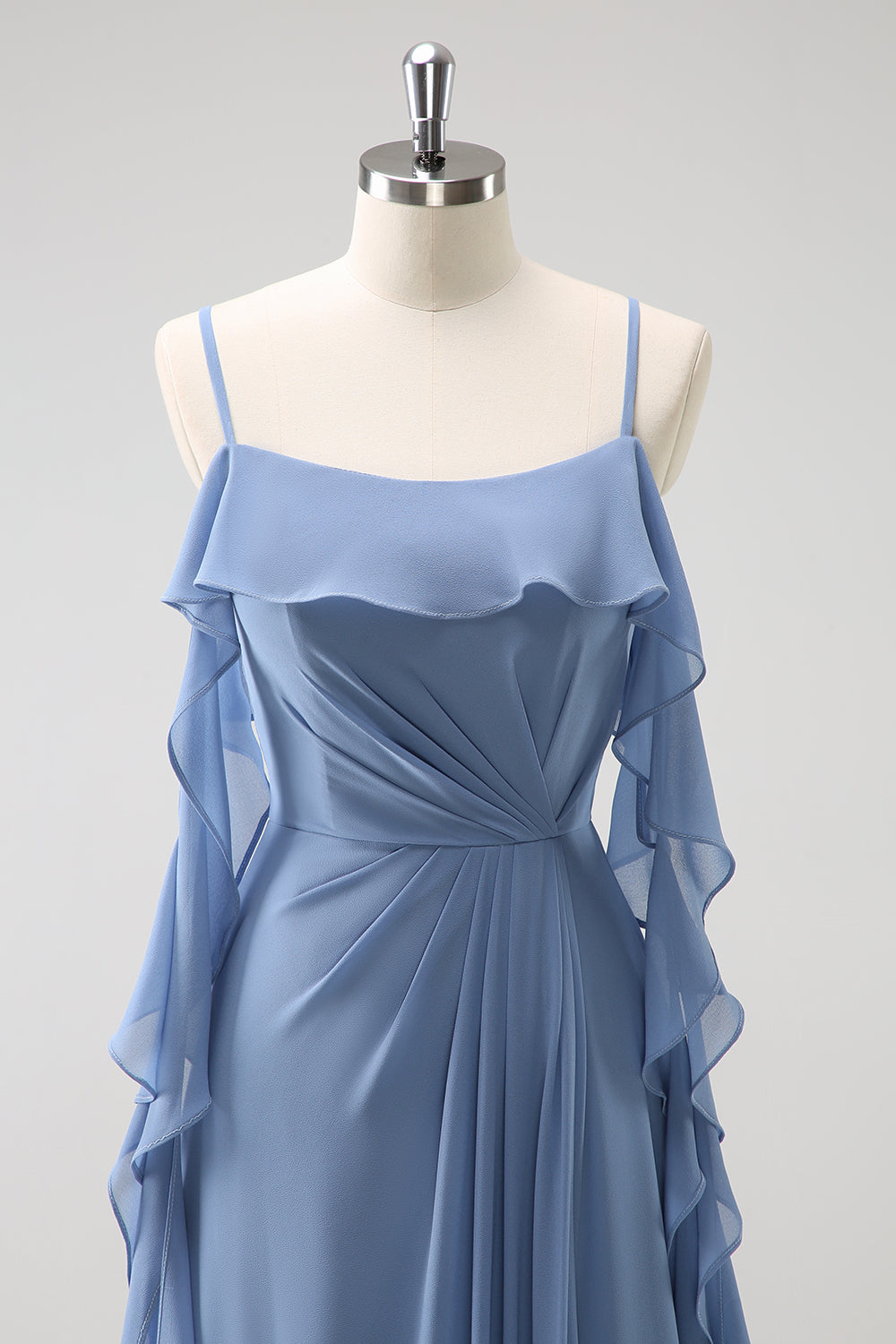 Grå Blå A-linje Spaghetti Stropper Chiffon Lang Brudepige Kjole med Slids