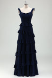 Sort Chiffon A Line Spaghetti stropper Tiered brudepigekjole