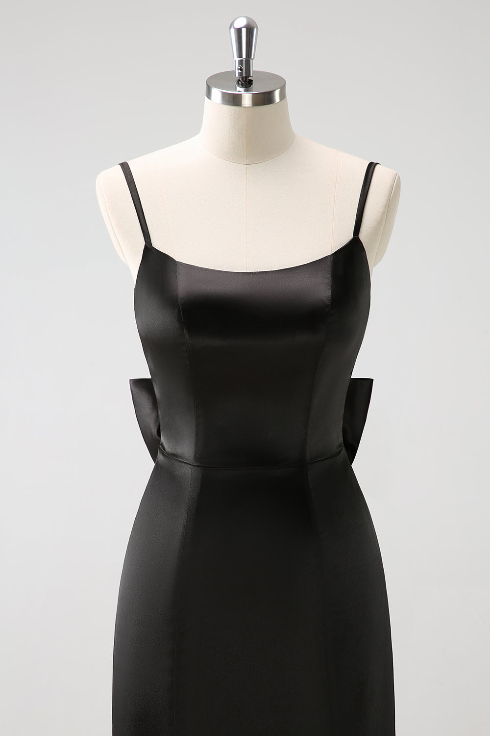 Sort Havfrue Spaghetti Stropper Ruffed Bow Back Satin Lang Brudepigekjole