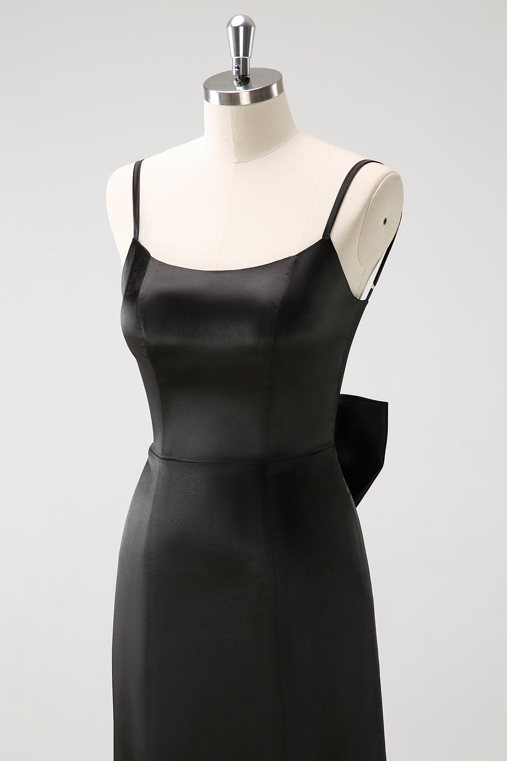 Sort Havfrue Spaghetti Stropper Ruffed Bow Back Satin Lang Brudepigekjole