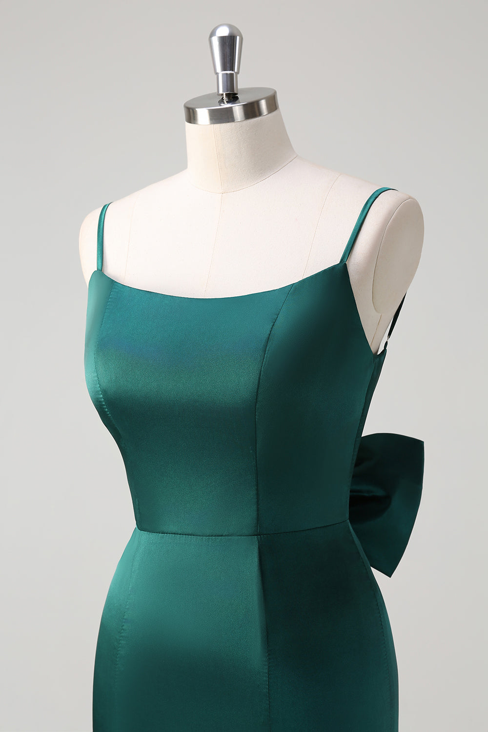 Sort Havfrue Spaghetti Stropper Ruffed Bow Back Satin Lang Brudepigekjole