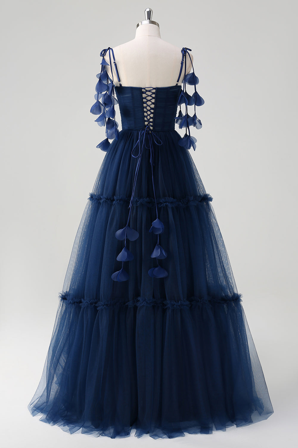 marineblå A-linje Spaghetti stropper Blomster Korset Flæser Tyl Lang Brudepigekjole