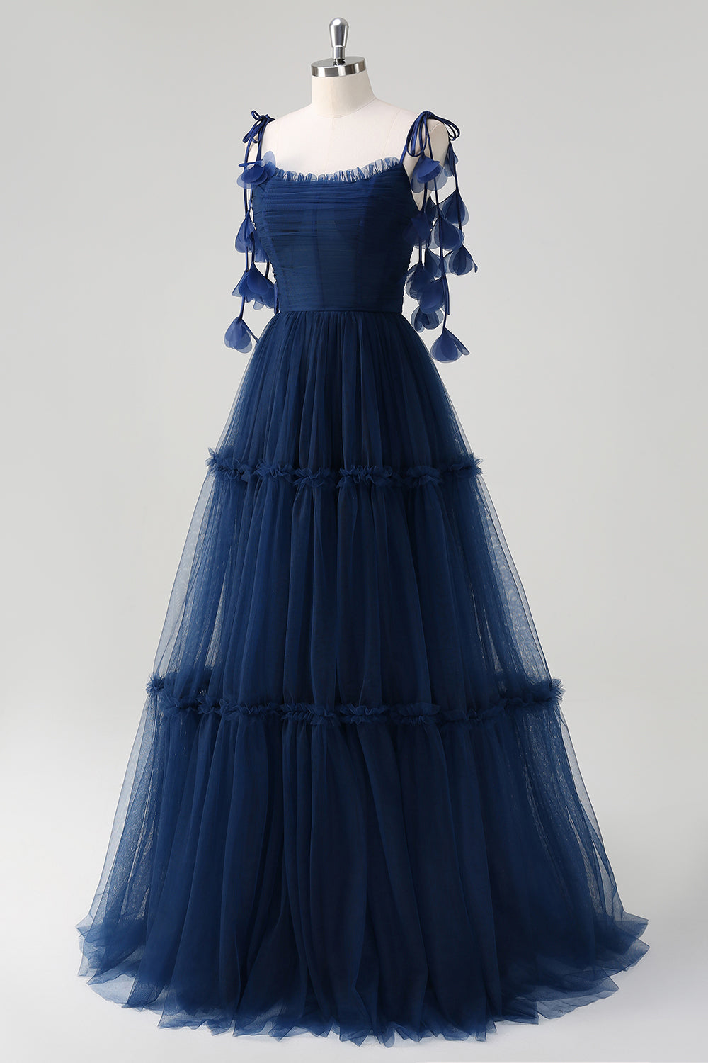 marineblå A-linje Spaghetti stropper Blomster Korset Flæser Tyl Lang Brudepigekjole