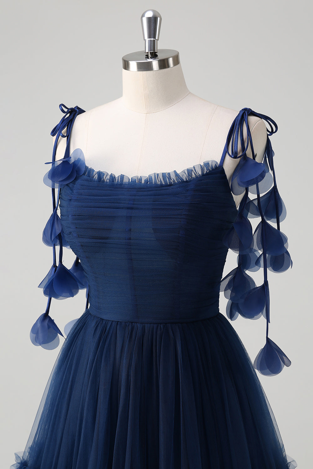 marineblå A-linje Spaghetti stropper Blomster Korset Flæser Tyl Lang Brudepigekjole