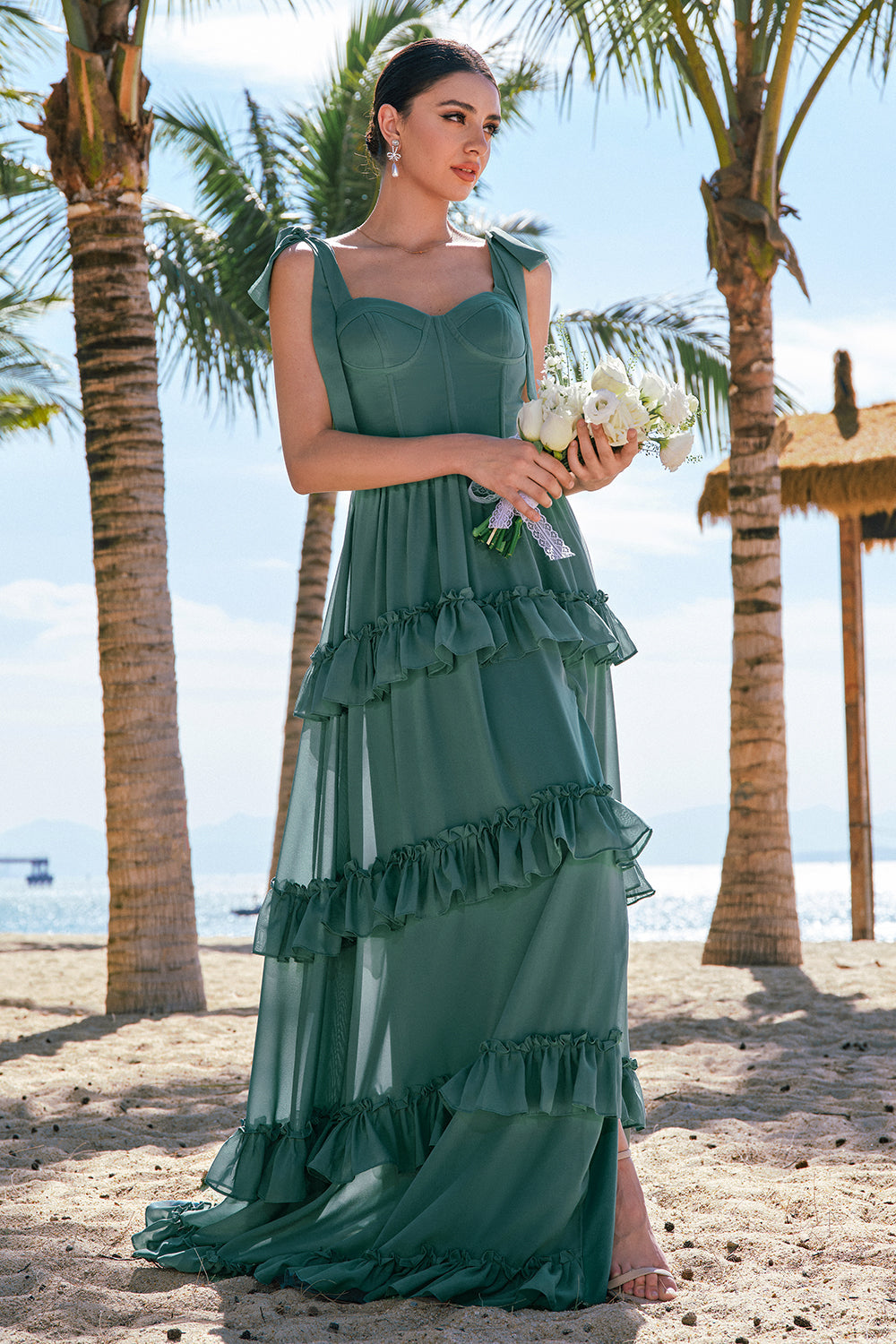 Eukalyptus A-linje butterfly stropper korset chiffon lang brudepige kjole med slids