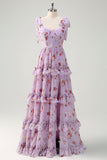 Grå lilla A Line Tiered Ruffled Print Floral Brudepigekjole