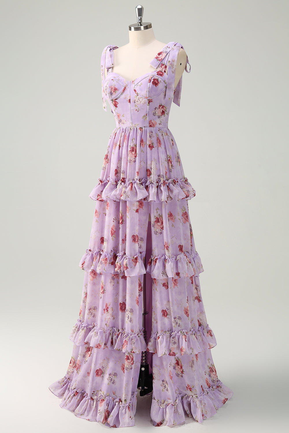 Grå lilla A Line Tiered Ruffled Print Floral Brudepigekjole