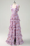 Grå lilla A Line Tiered Ruffled Print Floral Brudepigekjole