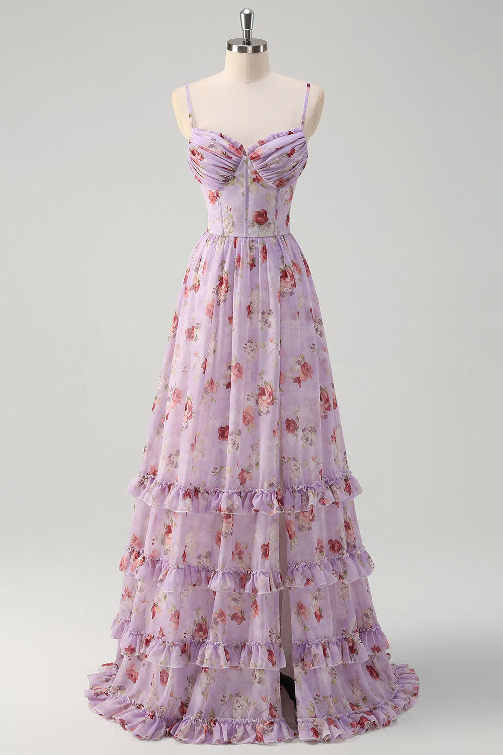 Grå lilla blomsterkorset A linje Spaghetti stropper brudepige kjole med slids