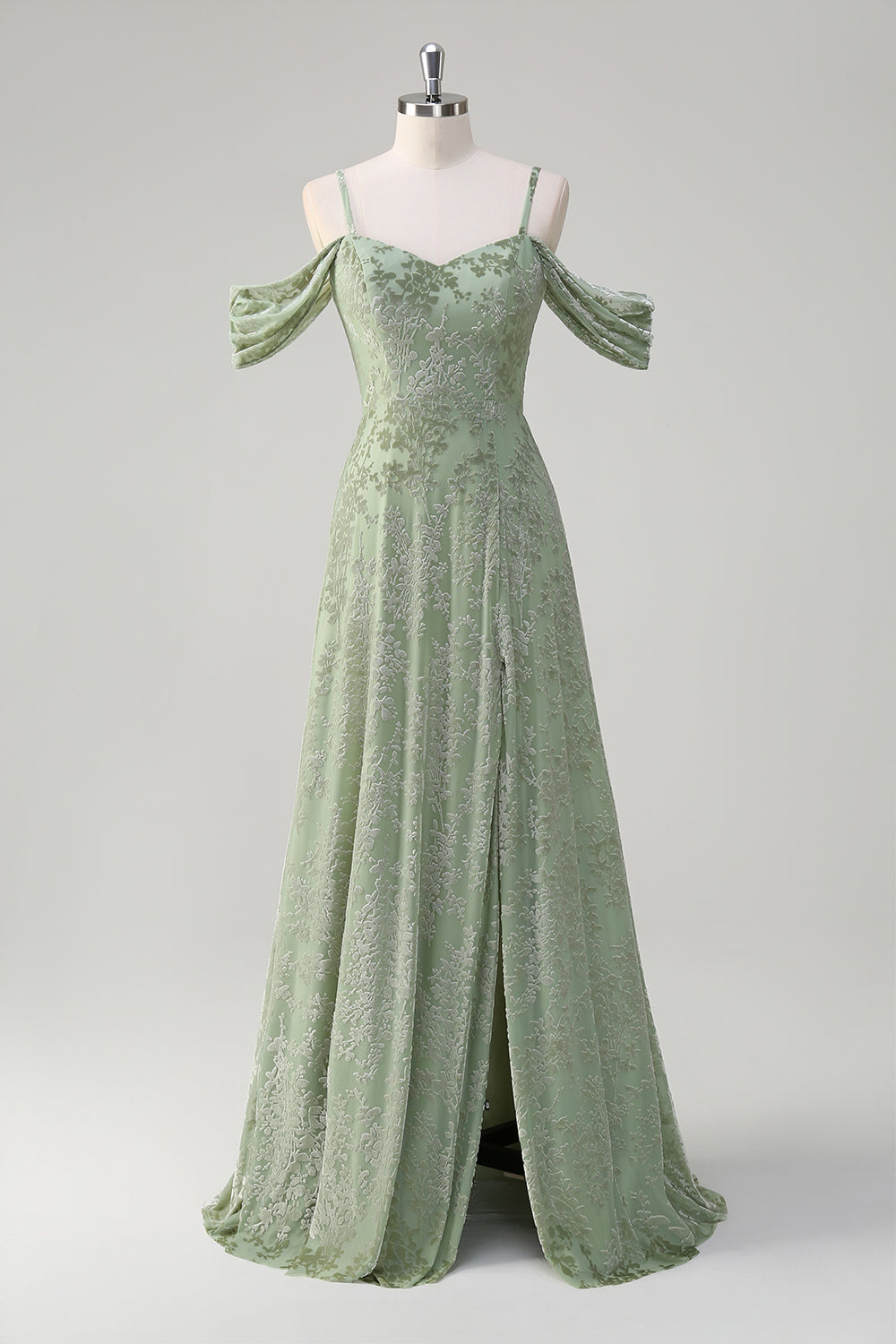 Dusty Sage A-linje kold skulder Jacquard lang brudepigekjole med slids
