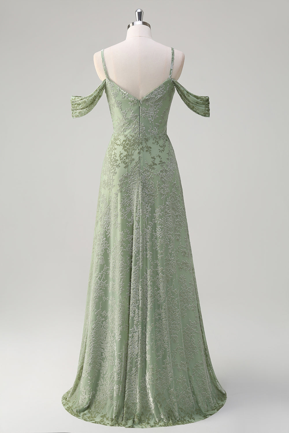 Dusty Sage A-linje kold skulder Jacquard lang brudepigekjole med slids